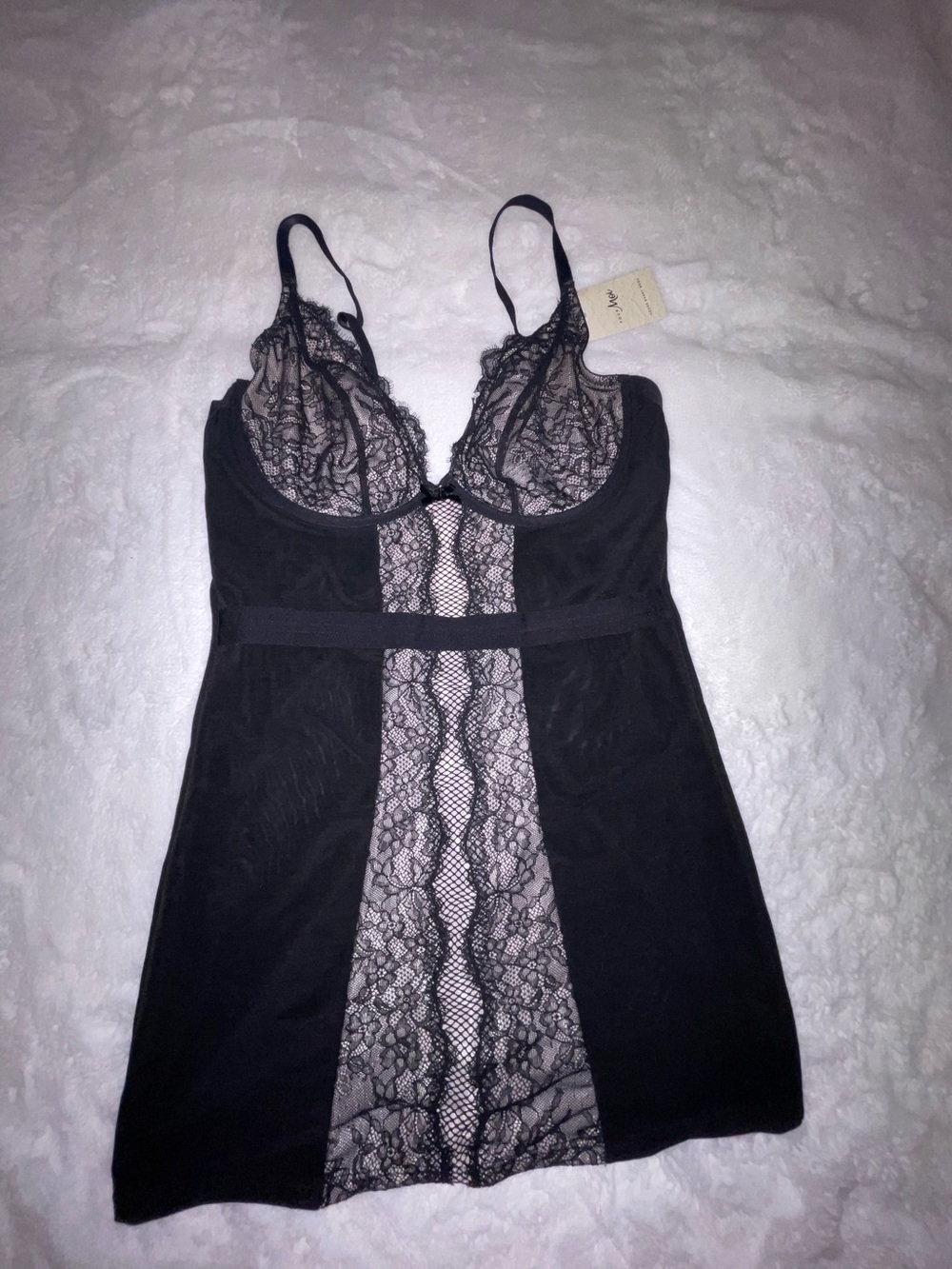Black Lace Plunge Chemise with Sheer Panel